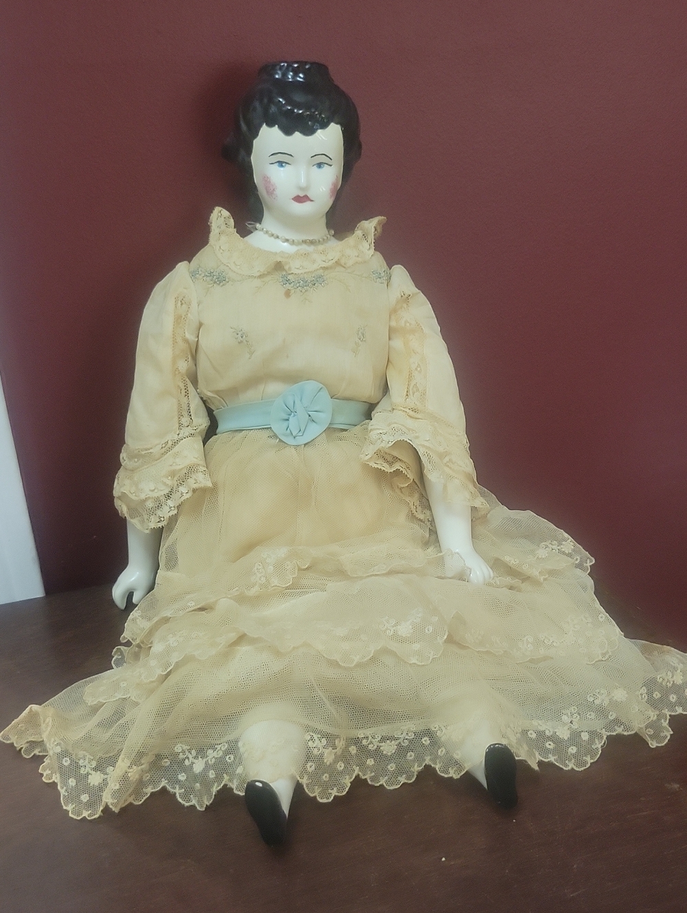 Antique German Victorian-Inspired Women's Yellow Lace Dress with Blue Belt